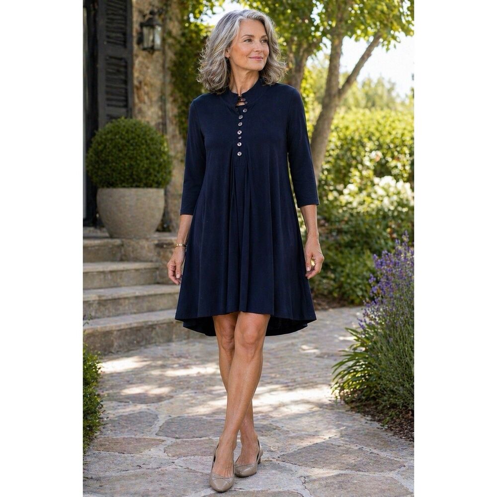 Sympli Navy Blue Swing Dress Size Large High Neck Button Detail 3/4 Sleeve
